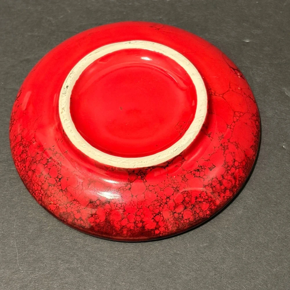 Red Artisan Ceramic Garlic Grater Plate Black Marble Bubble Glaze 4.75 Inch